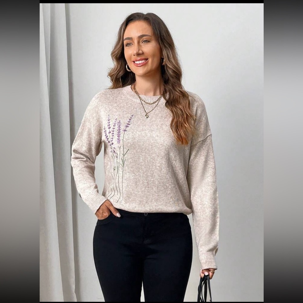 New Inventory 🌷Women Botanical Printed Round Neck Long Sleeve Sweater🌷